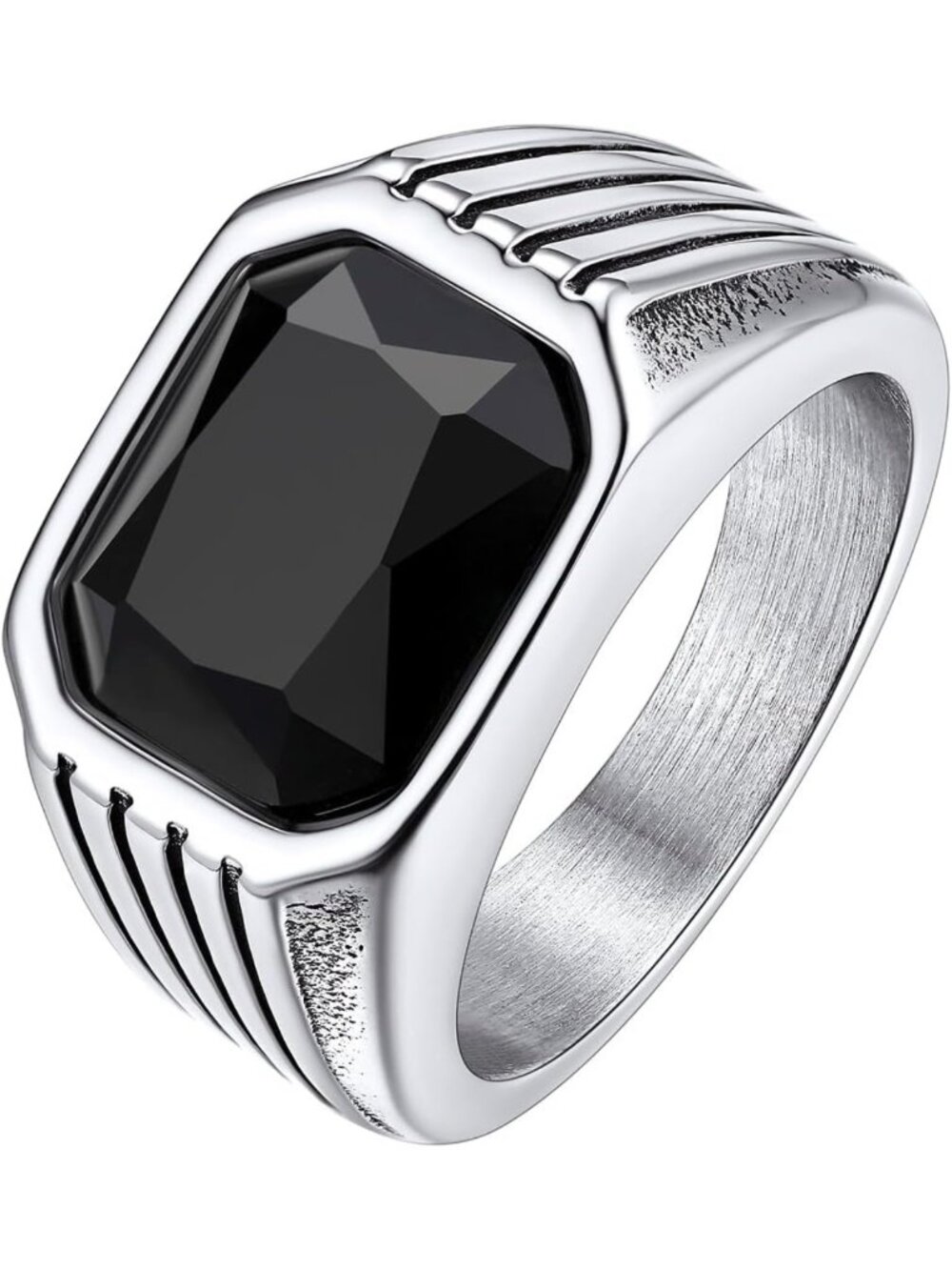 Chunky Signet Ring for Men | Stainless Steel with Black Gemstone Band